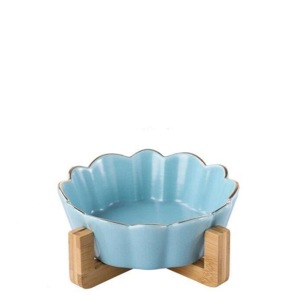 Single Ceramic Cat Bowl with Wood Stand