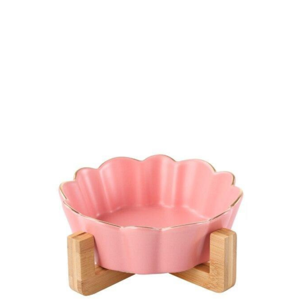 Single Ceramic Cat Bowl with Wood Stand