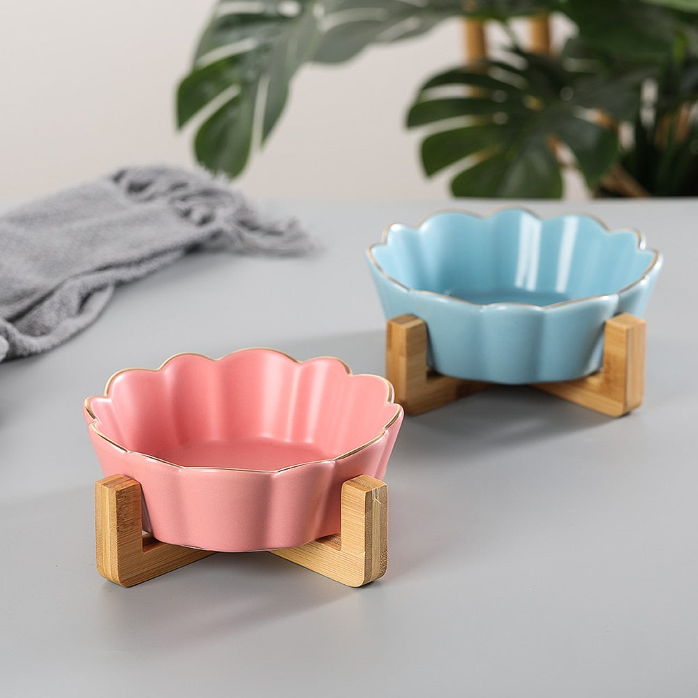 Single Ceramic Cat Bowl with Wood Stand