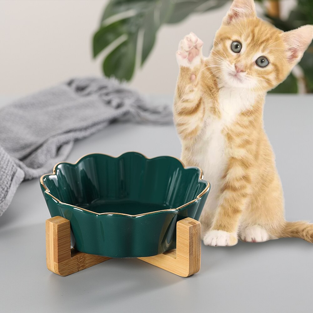 Single Ceramic Cat Bowl with Wood Stand