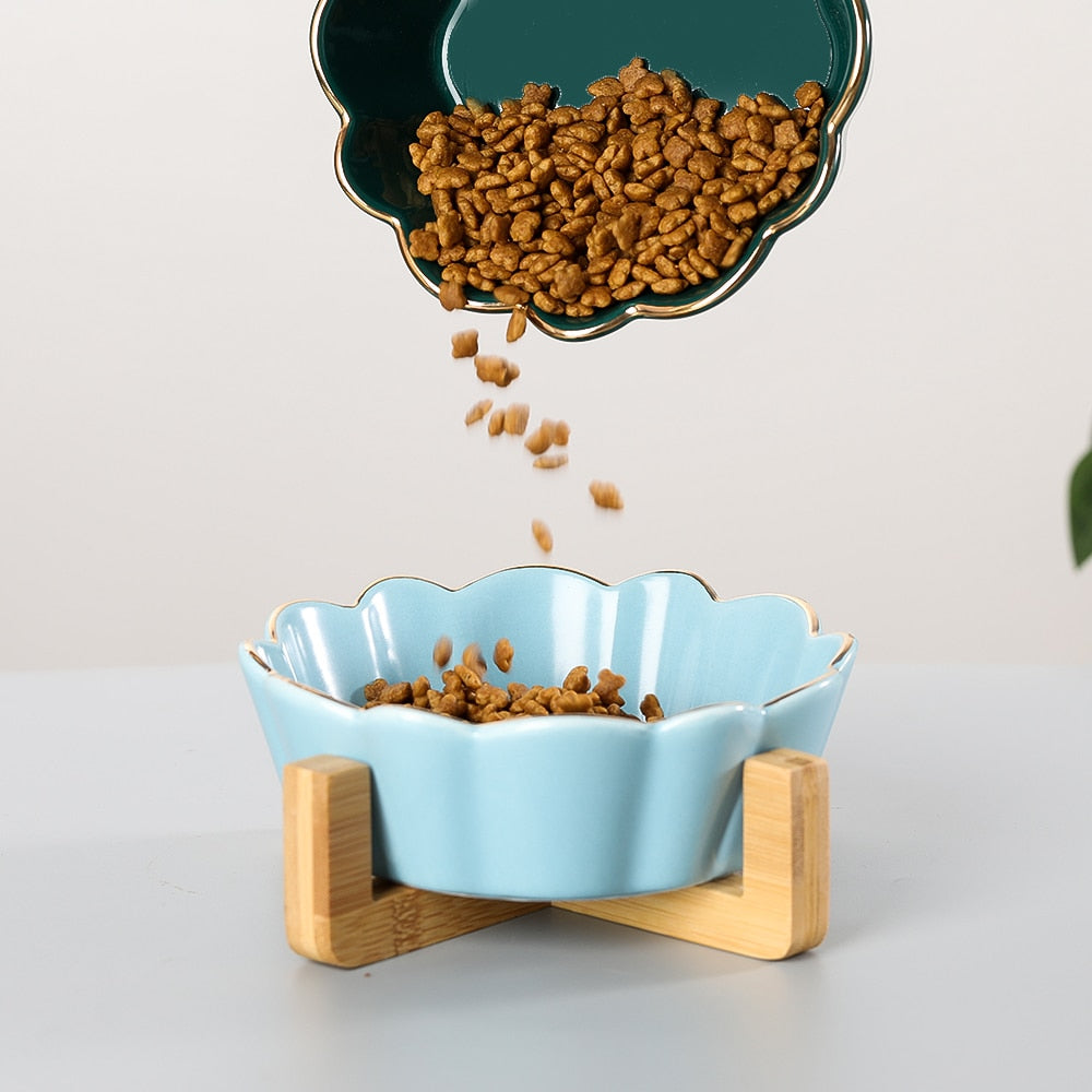 Single Ceramic Cat Bowl with Wood Stand