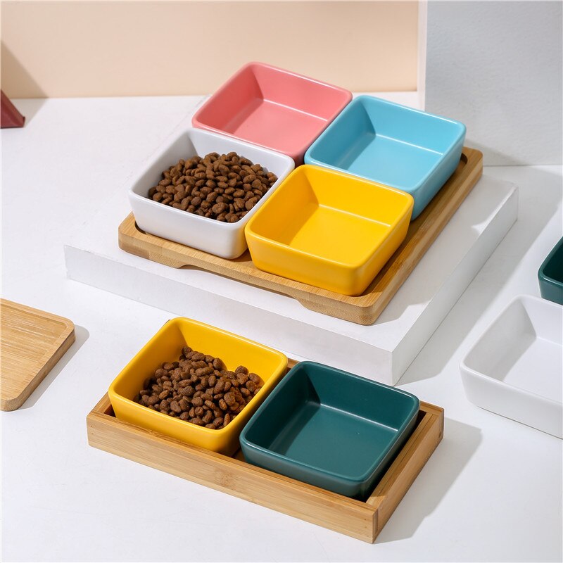 Square Cat Bowl with Bamboo Stand