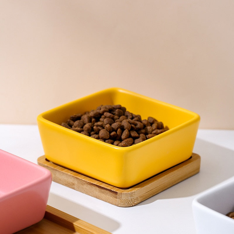 Square Cat Bowl with Bamboo Stand