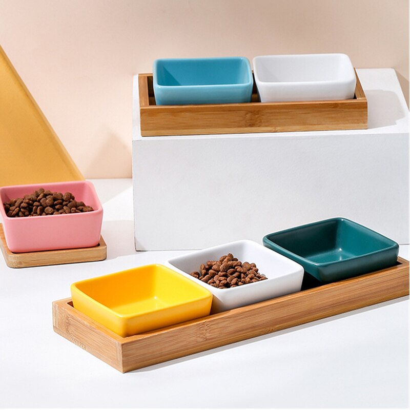 Square Cat Bowl with Bamboo Stand